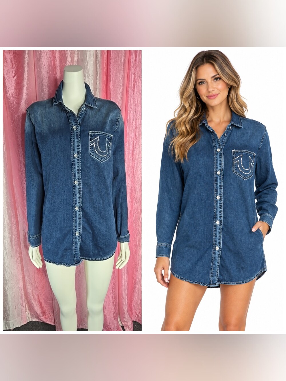 True Religion Blue Rhinestone Horseshoe Button Up Faded Denim Shirt Size XL